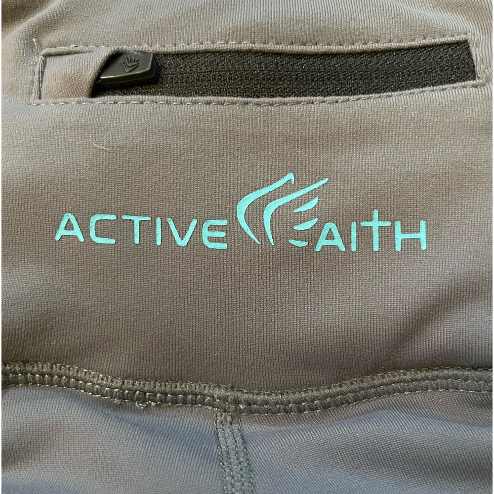 ACTIVE FAITH GREY & TEAL BLESSED CROPPED WORKOUT PANTS LEGGINGS TIGHTS SZ L